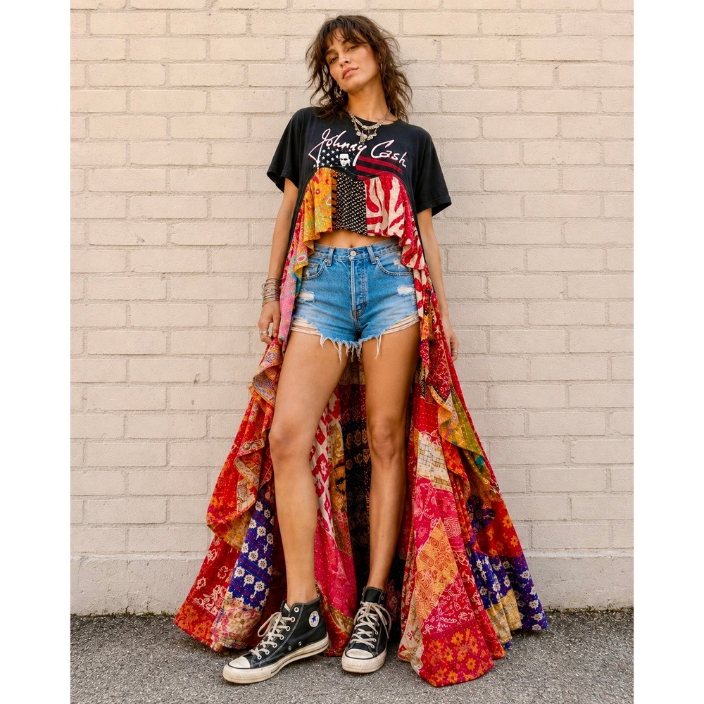 Johnny Cash Patchwork One of a Kind Kantha Maxi Dress Kaantha Karma O/S One Size